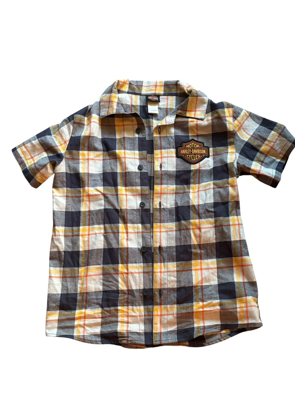 Harley-Davidson Yellow, Black & White Plaid Short Sleeve Button-Down